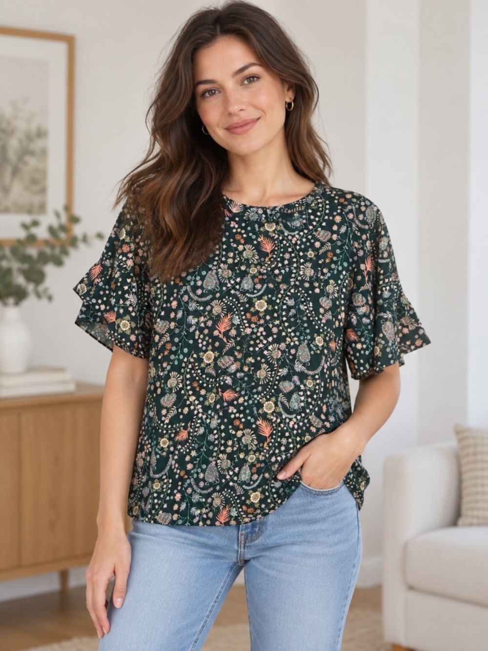 Cotelac Green Floral Short Sleeve Women's Blouse
